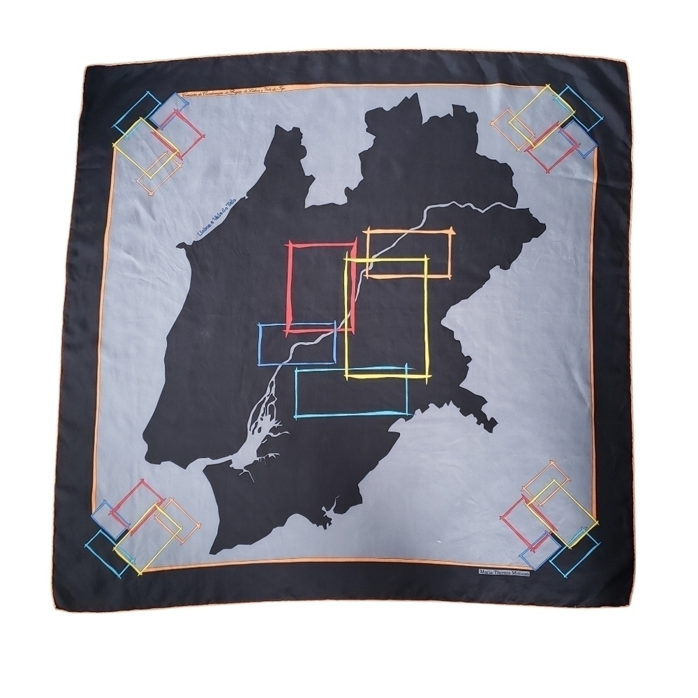 Vintage Silk Scarf Made in France Geo Print Map Of Portugal